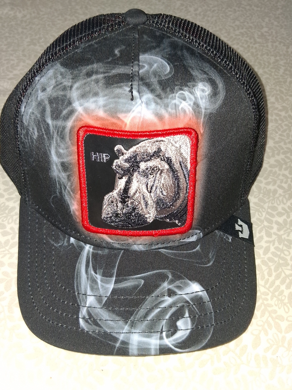 Goorin Bros Black Cap with Red-Trim Hippo Patch